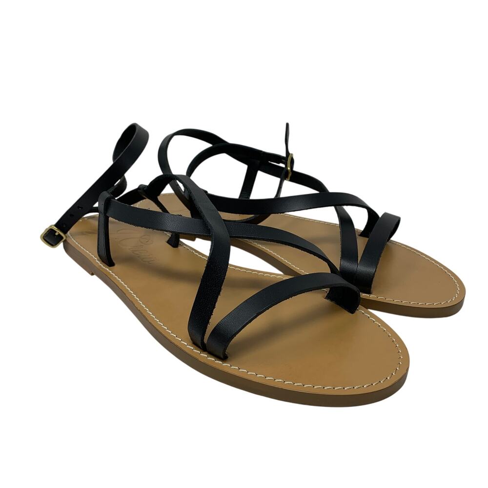 J.Crew Flat Strappy Sandals Womens Sz 9.5 Black Vachetta Leather Ankle Strap NEW